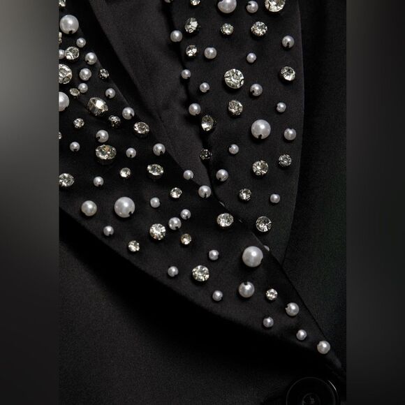 ALICE + OLIVIA Ivan Crystal Pearl Embellished Satin Blazer Black - Picture 10 of 10